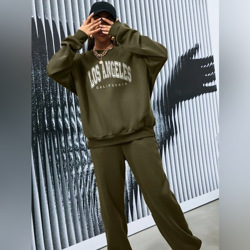 SHEIN Olive Green Sweatshirt and Pants Set (fleece) | Size Small